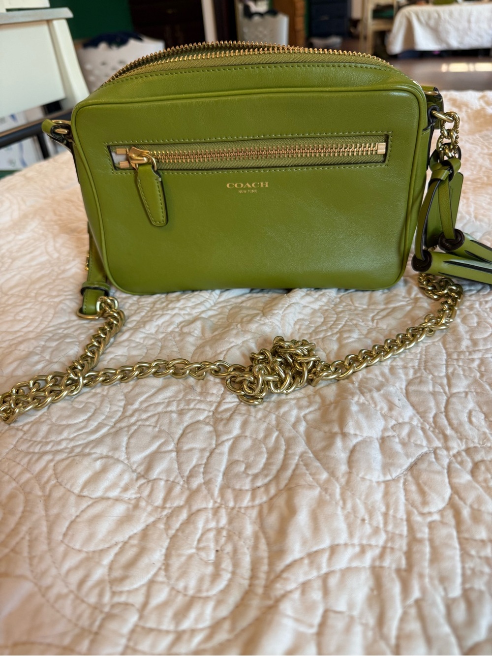 Coach Olive Green Leather Crossbody with Gold Chain